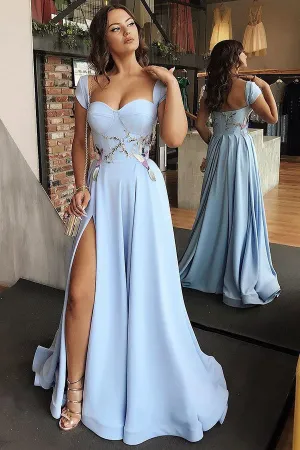 A-Line Cap Sleeves Floor-Length Light Blue Prom Dresses with Appliques Split OKI97