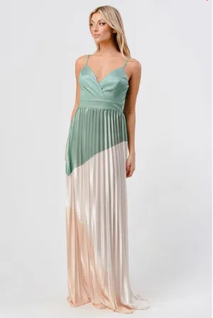 ASHLEY SATIN COLOR-BLOCK PLEATED MAXI DRESS