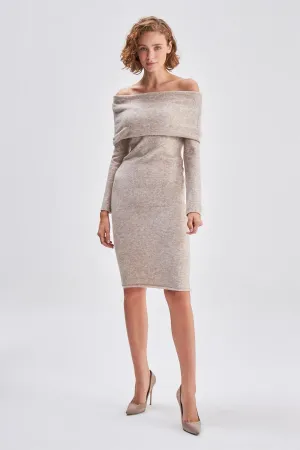 Bardot Neck Beige Midi Knitwear Dress
