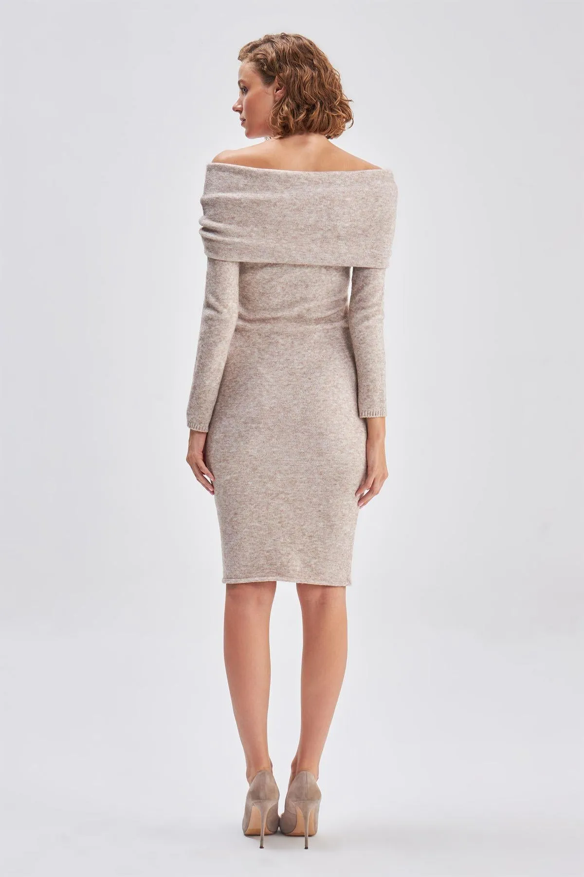 Bardot Neck Beige Midi Knitwear Dress