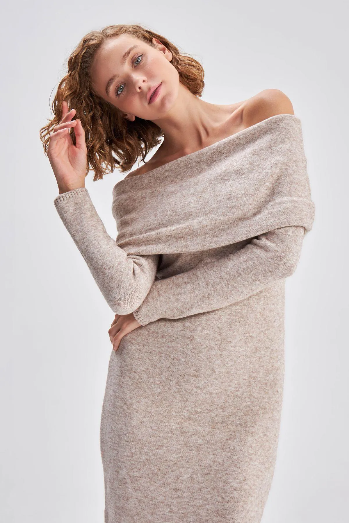 Bardot Neck Beige Midi Knitwear Dress