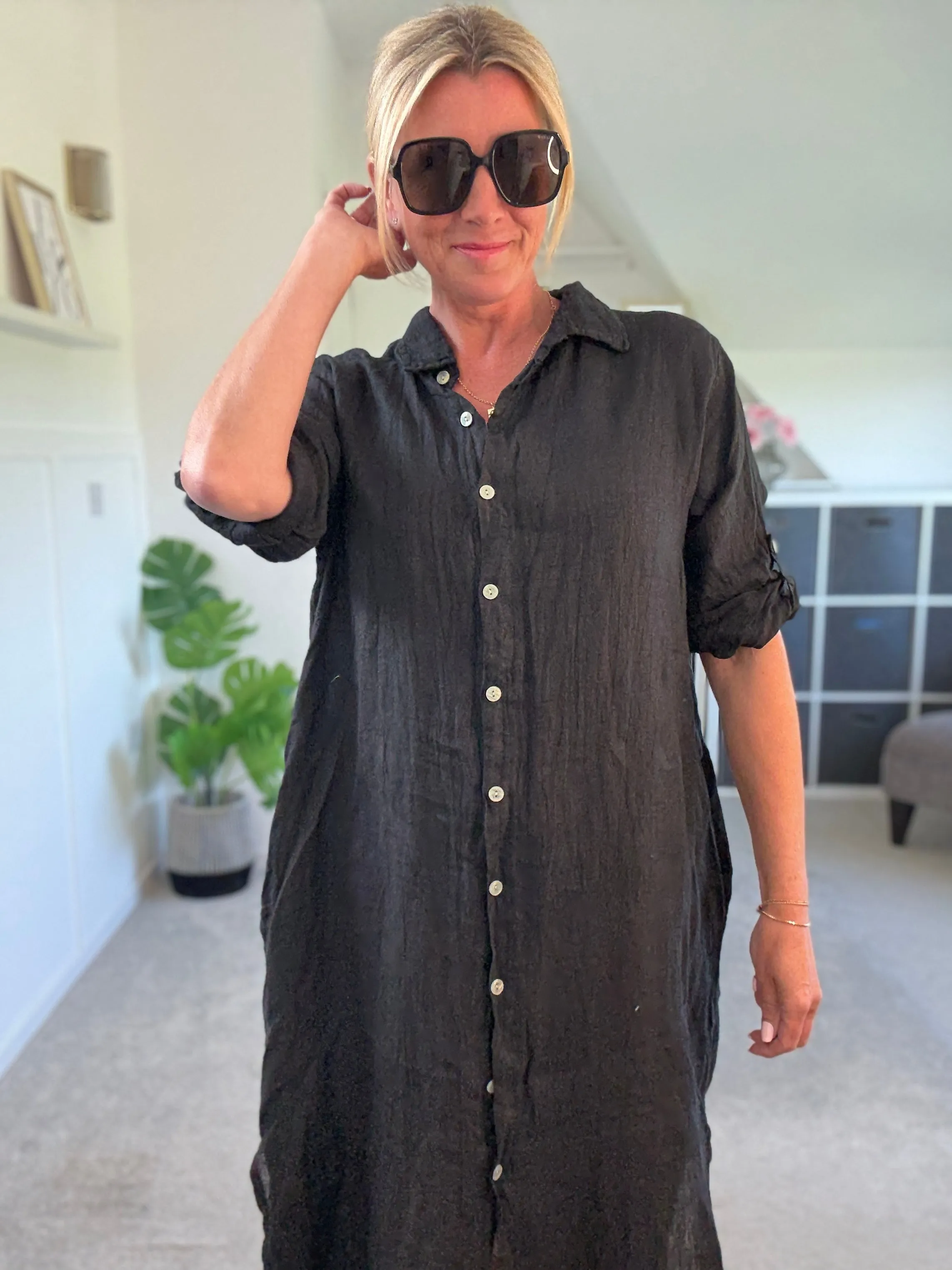 Black Linen Pocket Shirt Dress