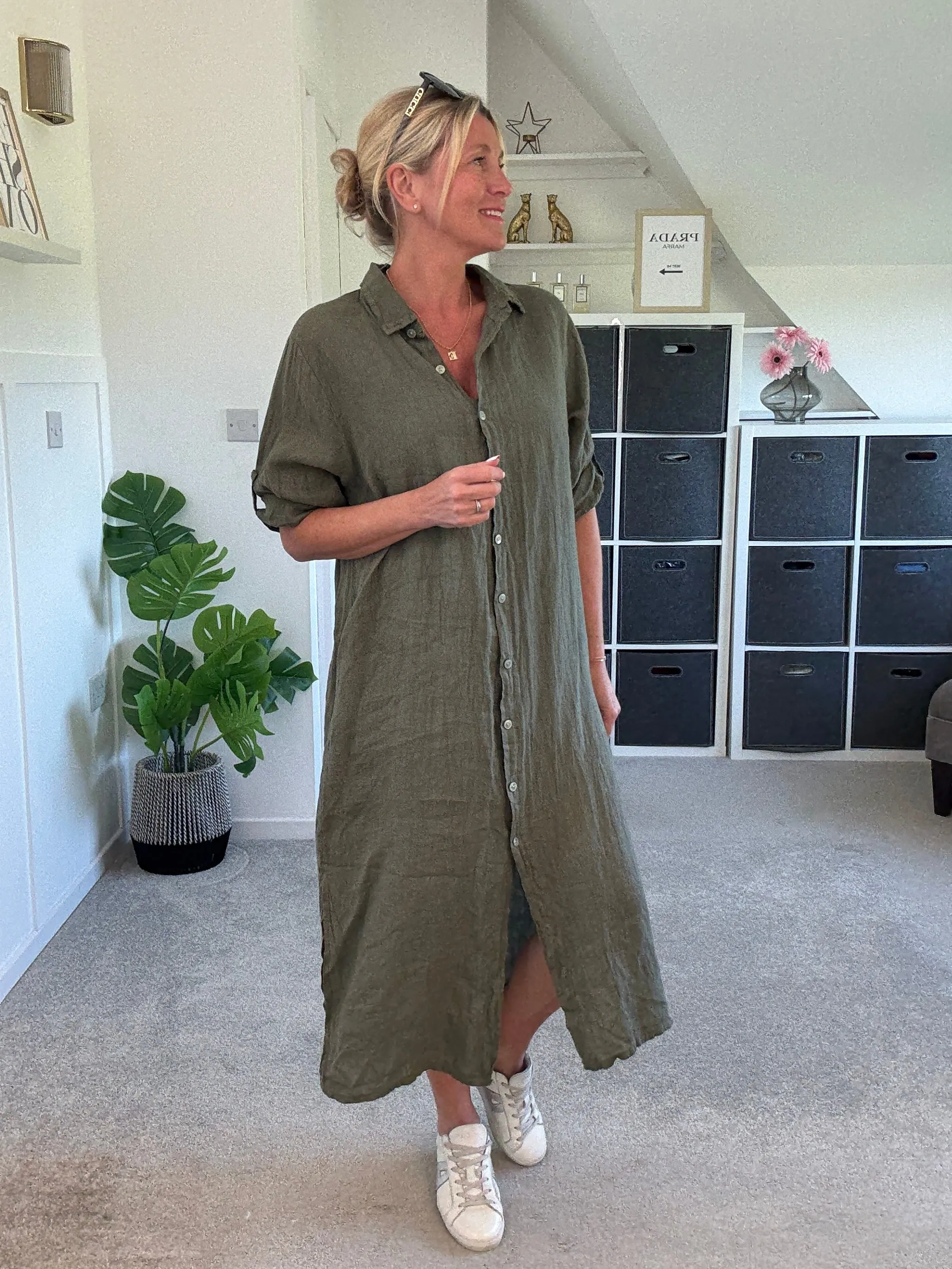 Black Linen Pocket Shirt Dress