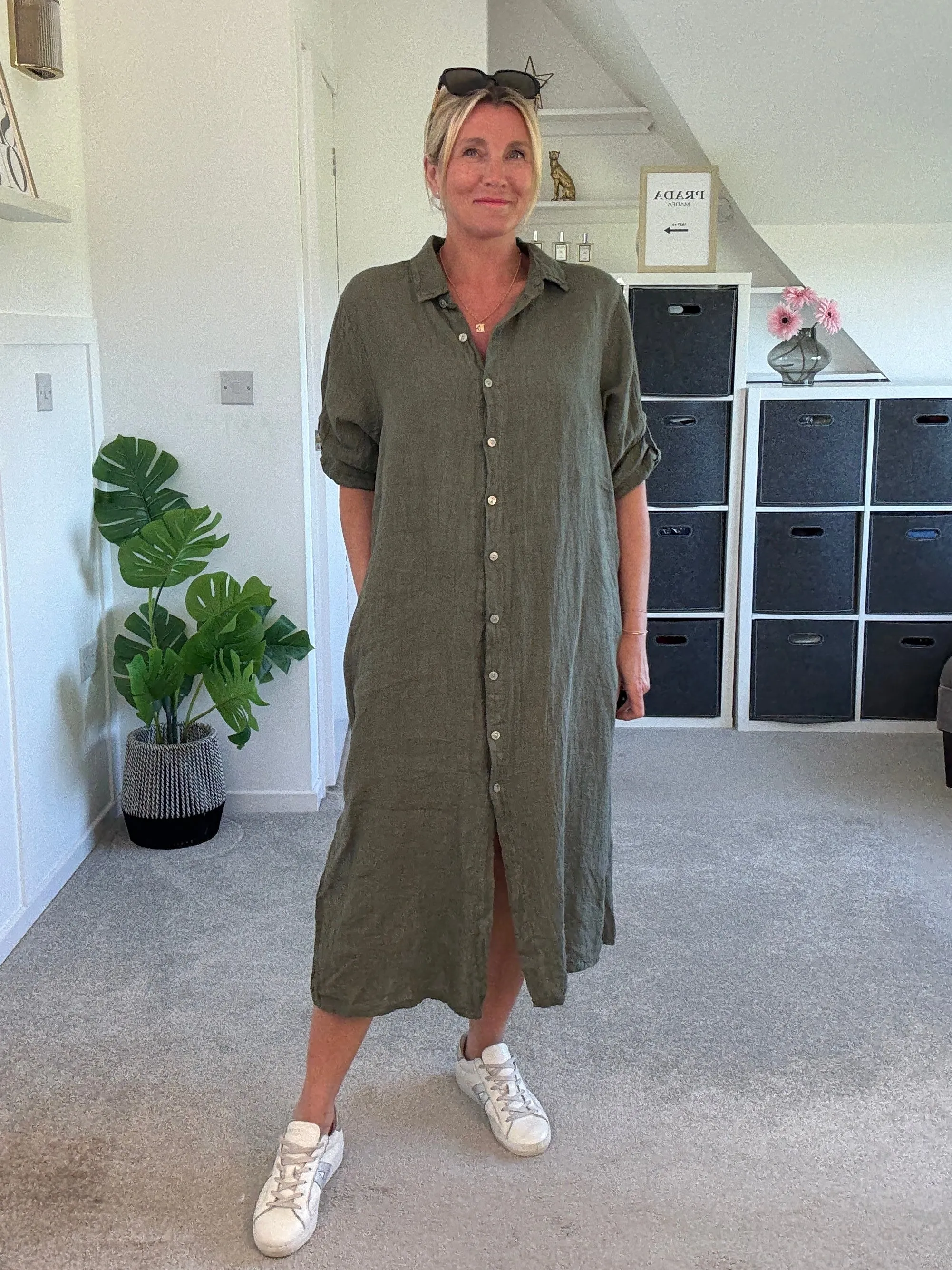Black Linen Pocket Shirt Dress