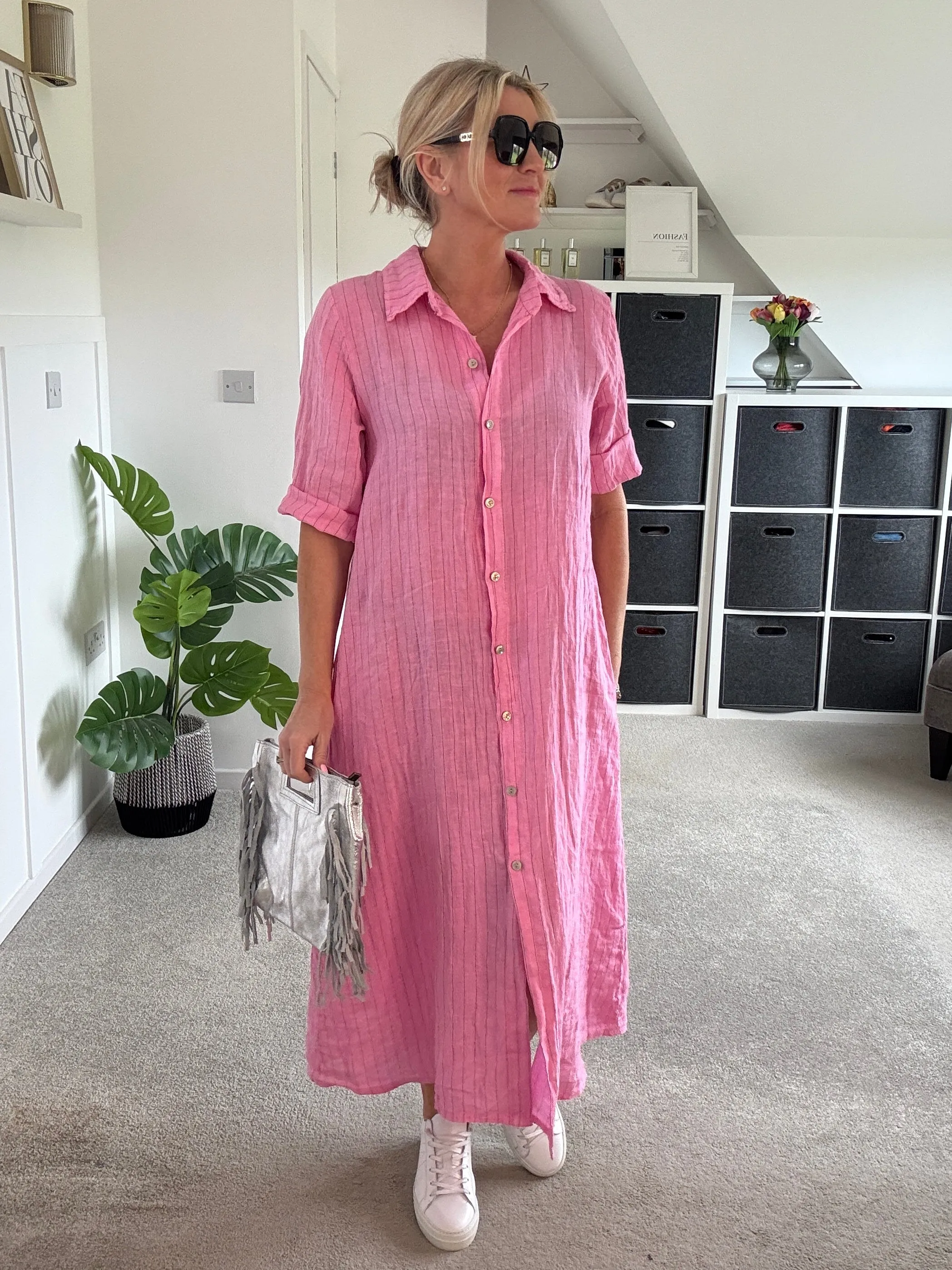 Black Linen Pocket Shirt Dress