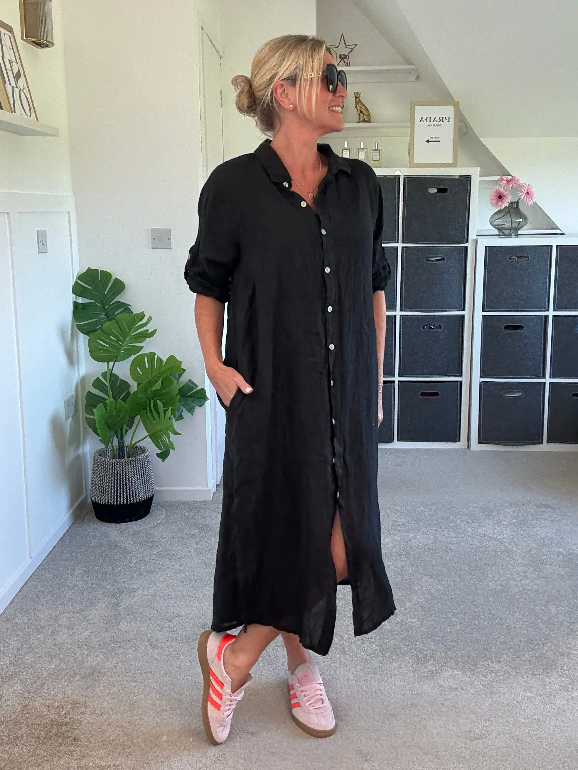 Black Linen Pocket Shirt Dress