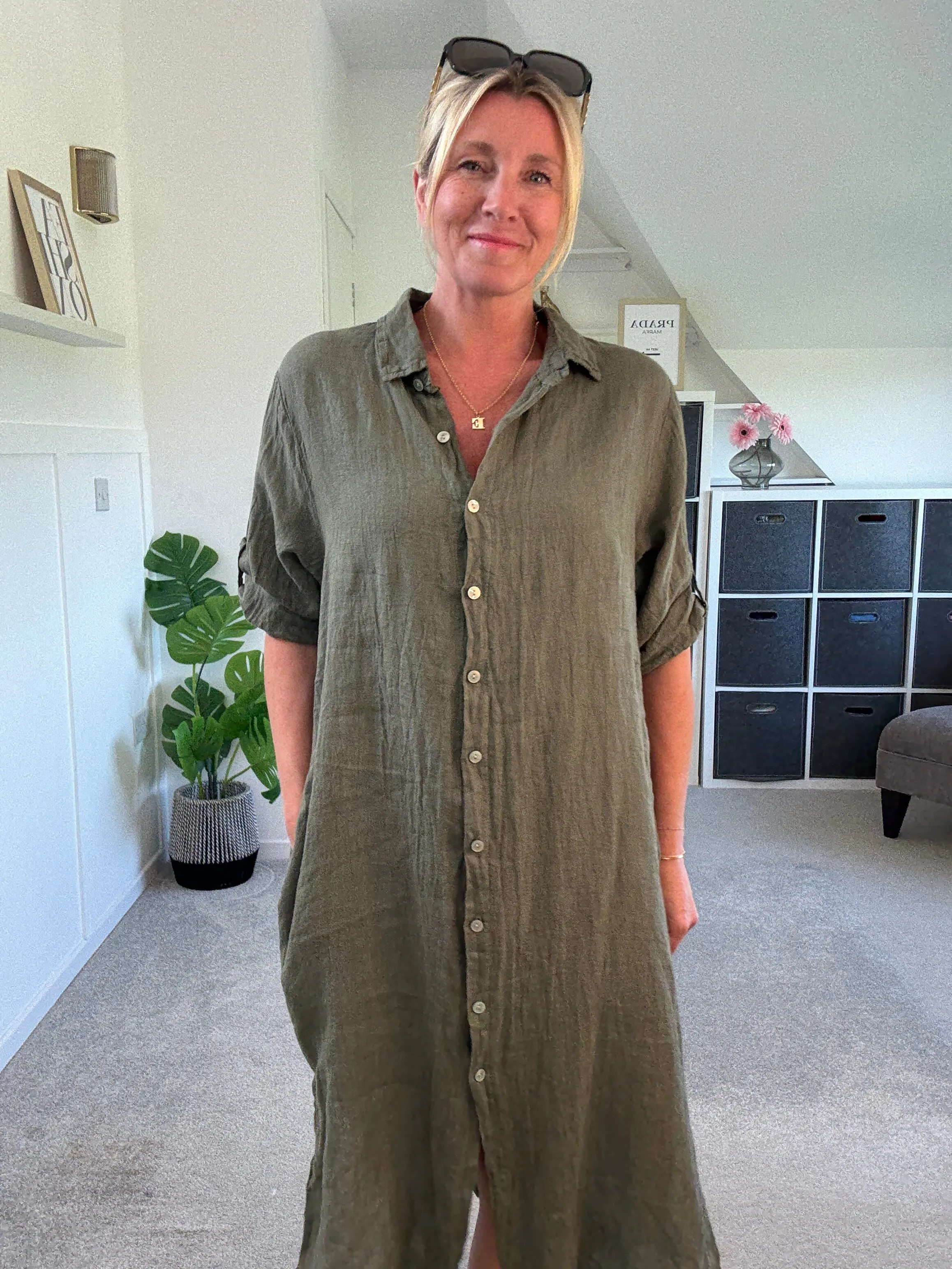 Black Linen Pocket Shirt Dress