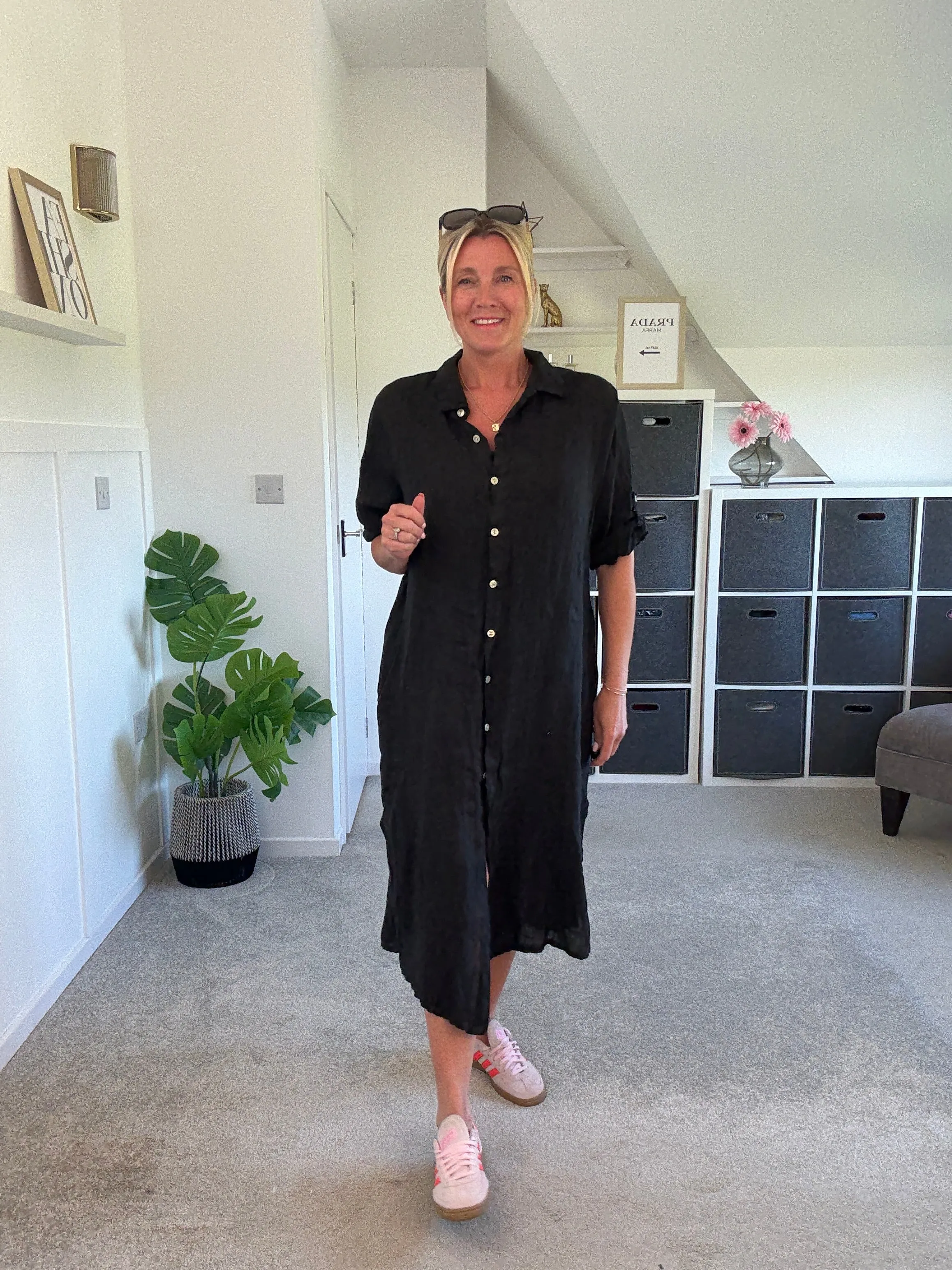 Black Linen Pocket Shirt Dress