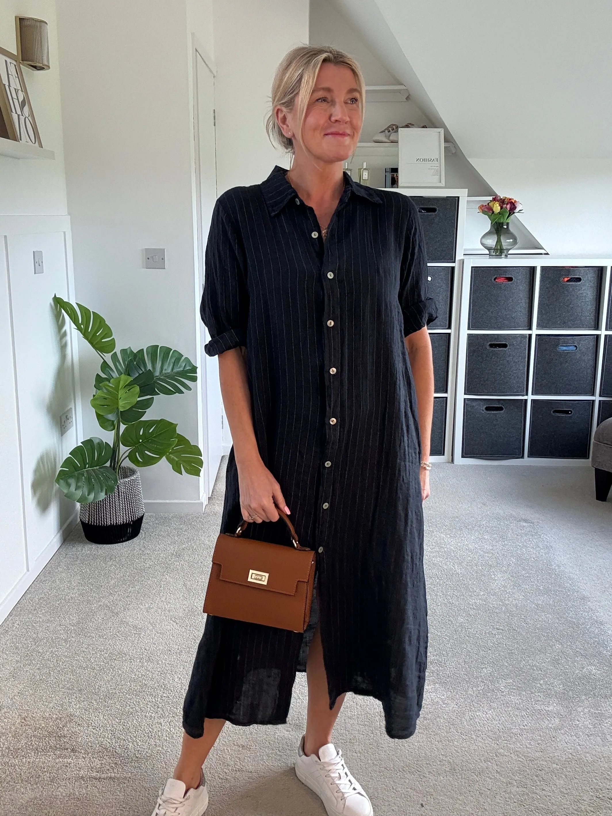 Black Linen Pocket Shirt Dress