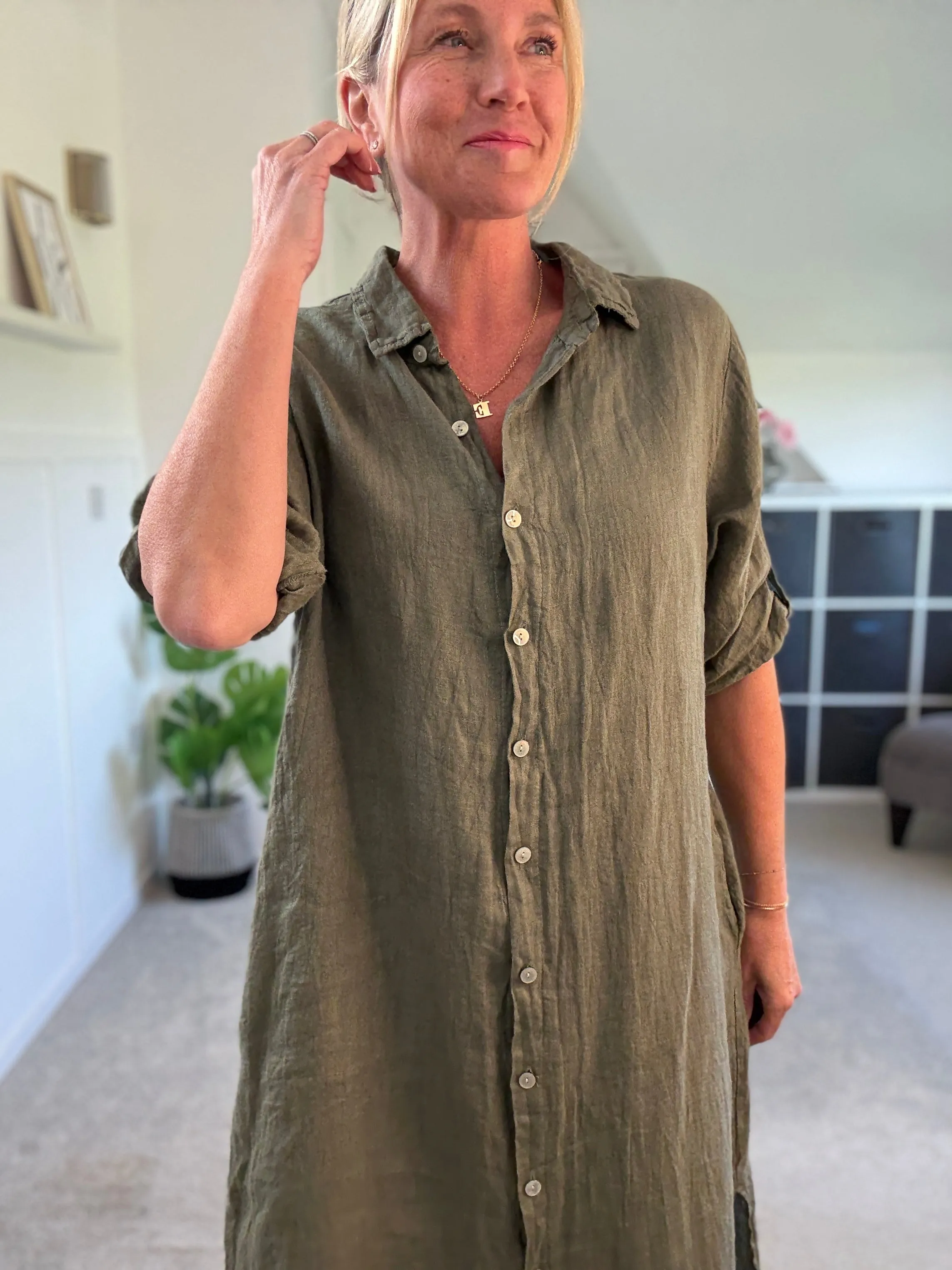 Black Linen Pocket Shirt Dress