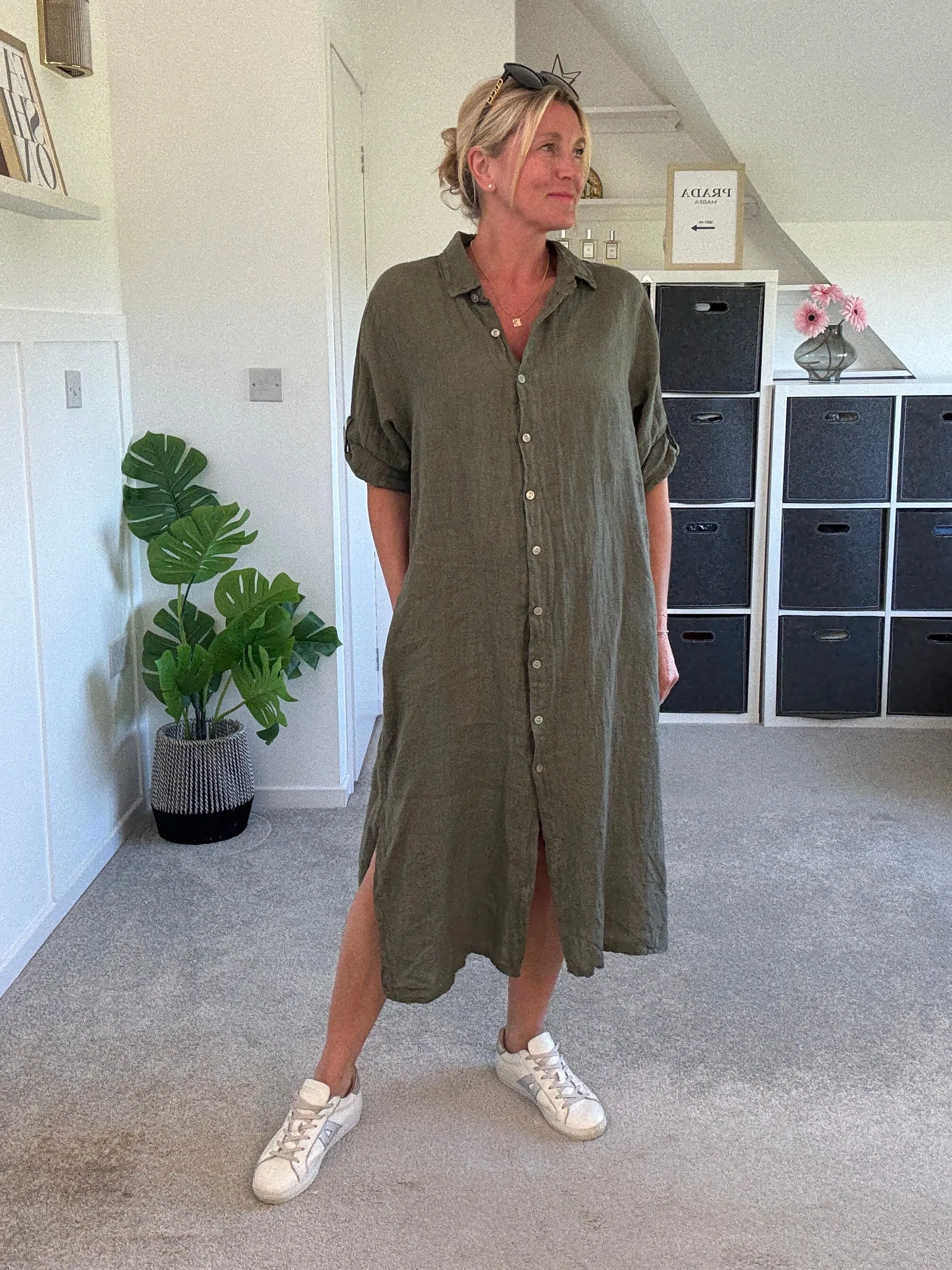 Black Linen Pocket Shirt Dress