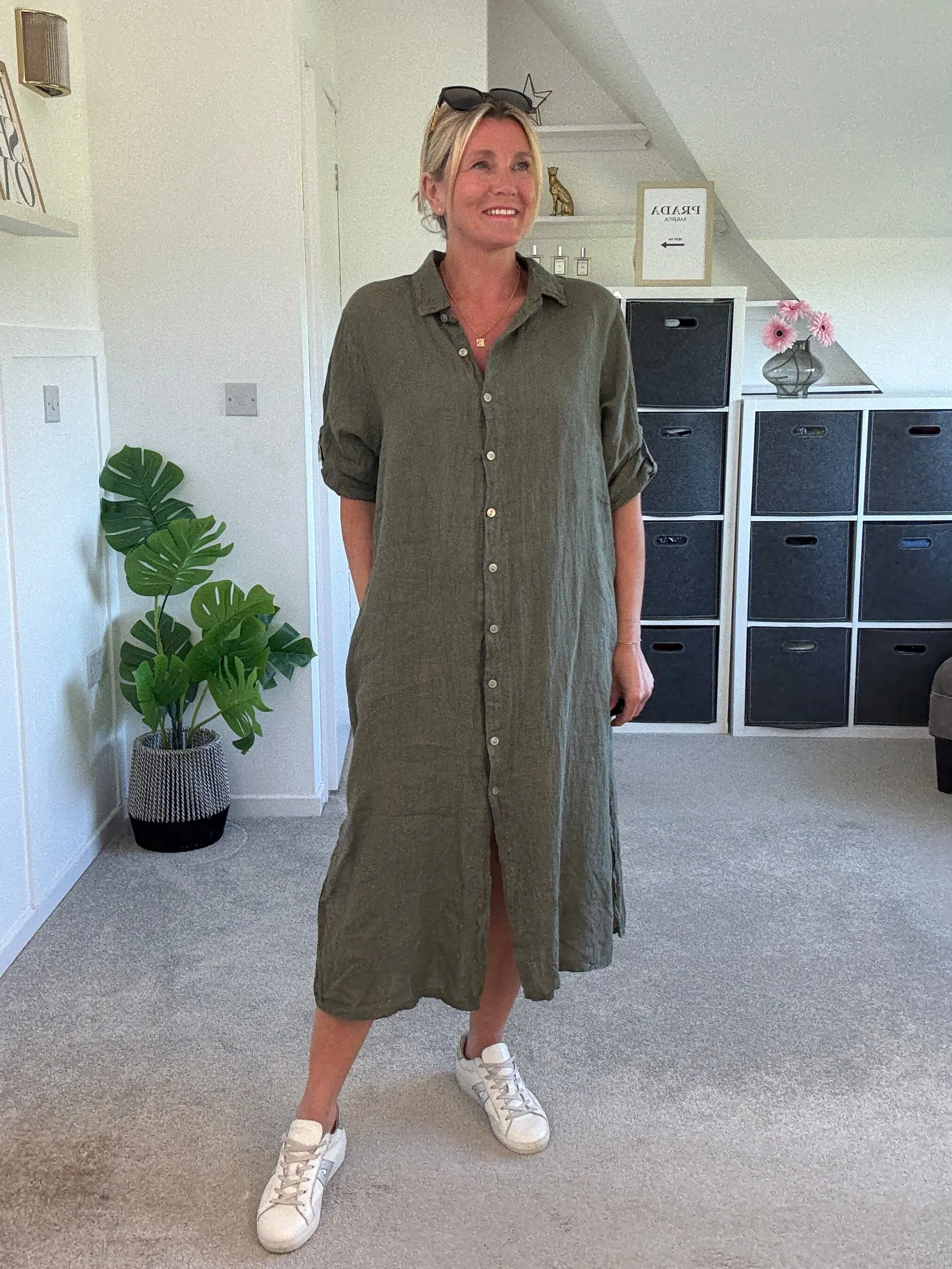 Black Linen Pocket Shirt Dress
