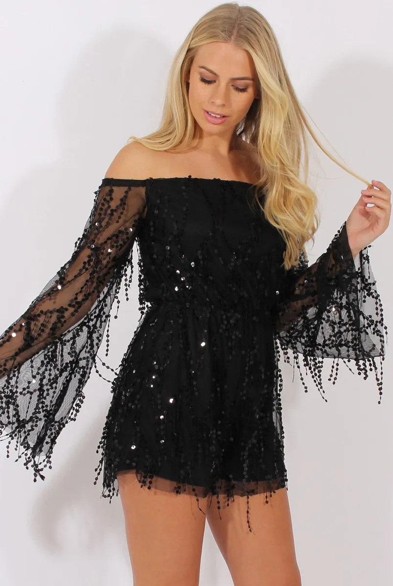 Black Sequin Bardot Playsuit - Sadira