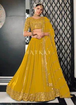 Bright Yellow Sequence Embroidered Wedding Lehenga Choli And Dupatta