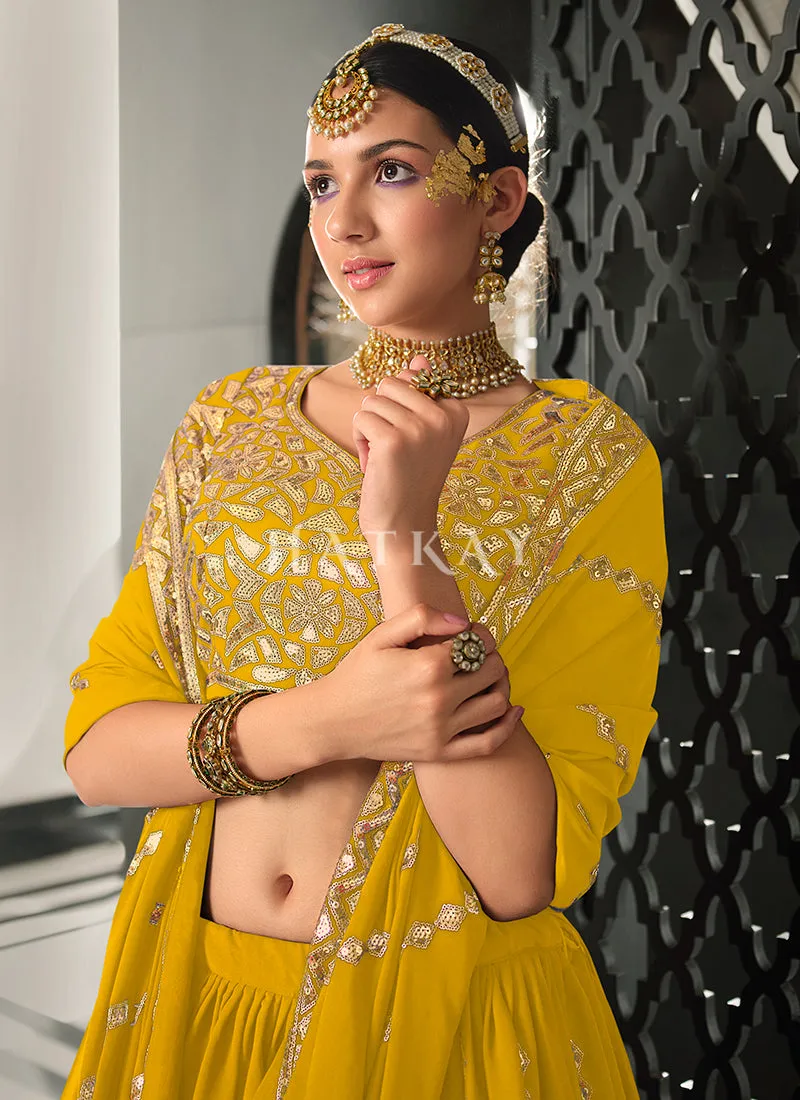 Bright Yellow Sequence Embroidered Wedding Lehenga Choli And Dupatta