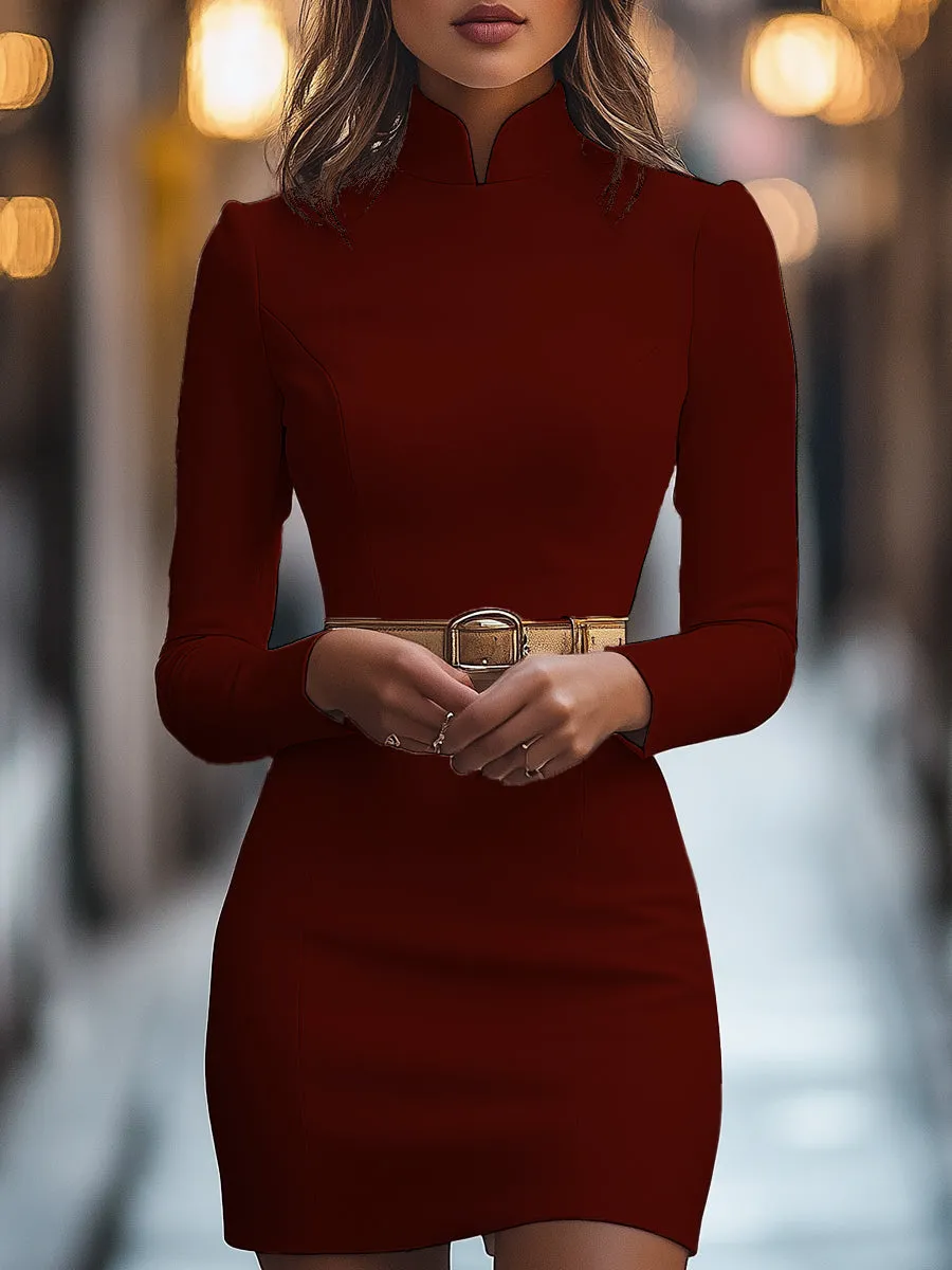 Classic White Mandarin Collar Dress with Waist-Cinching Design