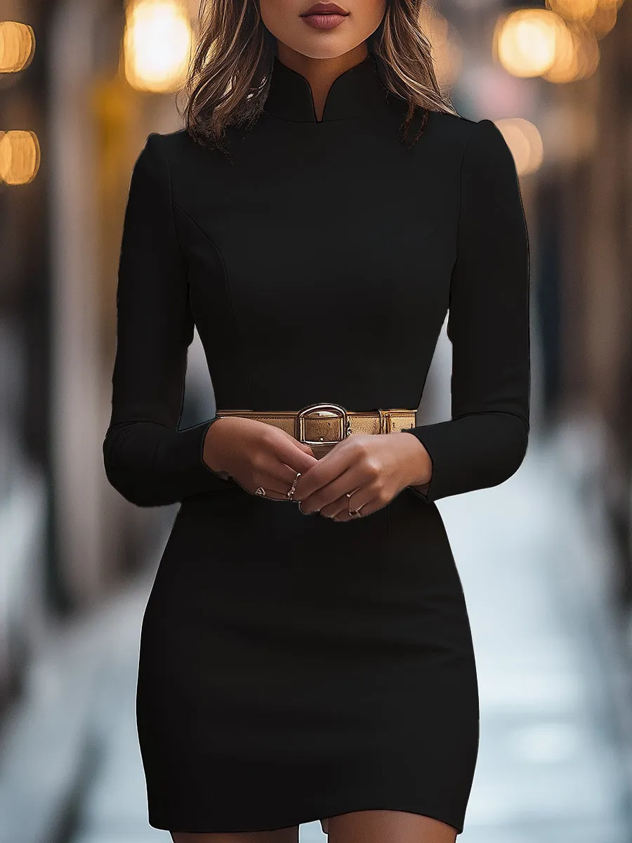 Classic White Mandarin Collar Dress with Waist-Cinching Design