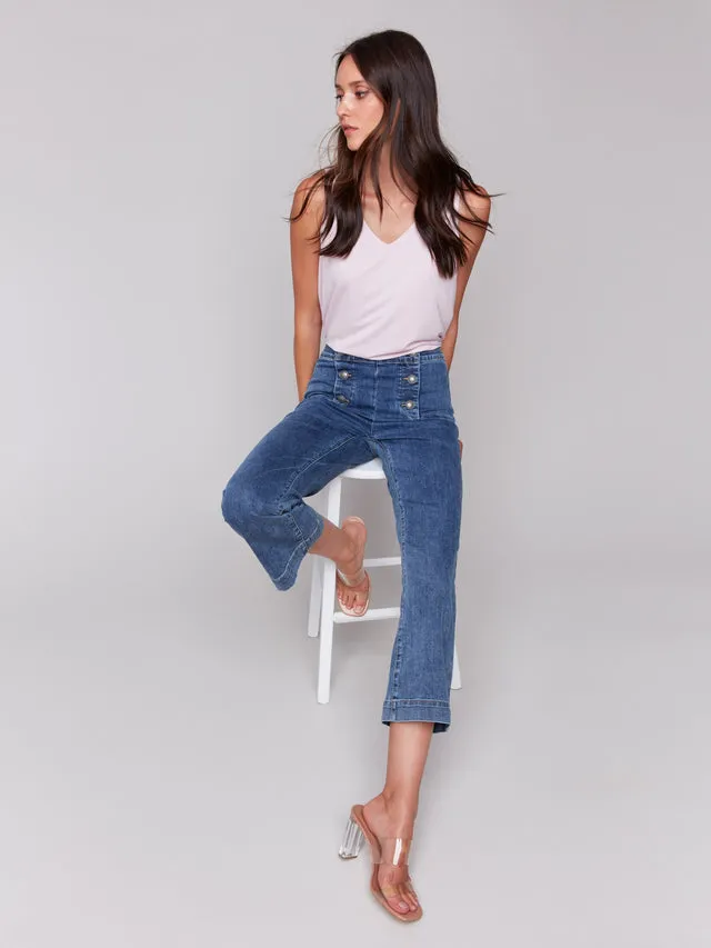 Cropped Pull-On Flare Jeans with Front Buttons - Medium Blue - C5615-431A