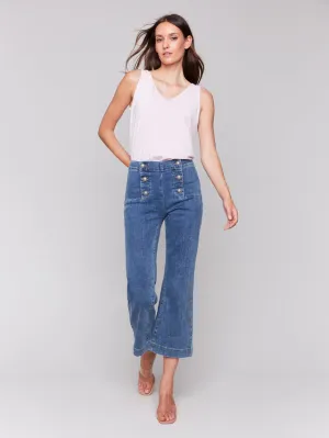 Cropped Pull-On Flare Jeans with Front Buttons - Medium Blue - C5615-431A