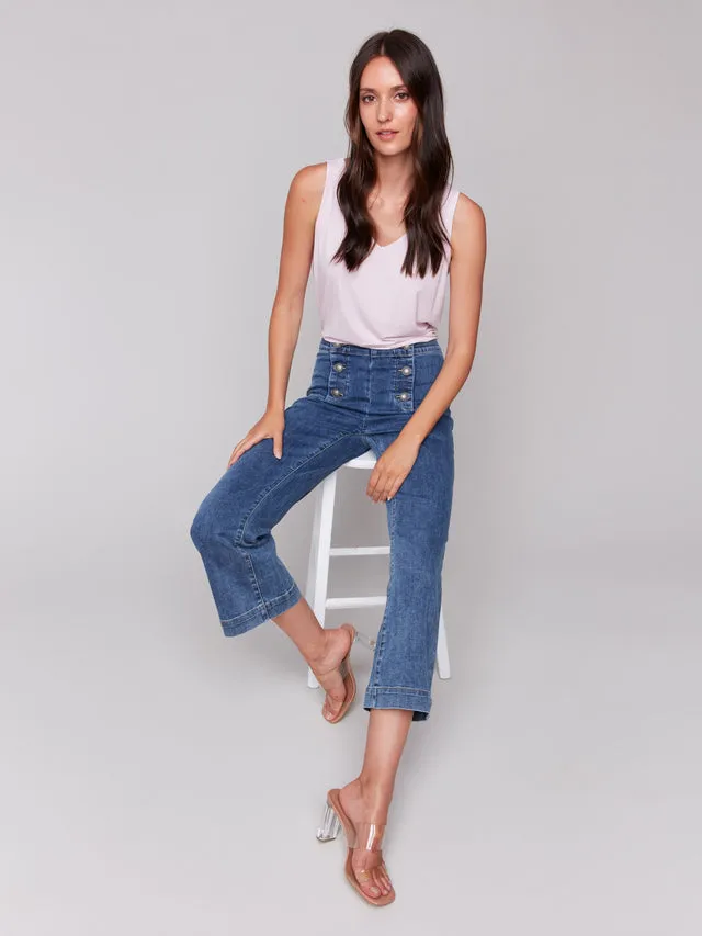 Cropped Pull-On Flare Jeans with Front Buttons - Medium Blue - C5615-431A