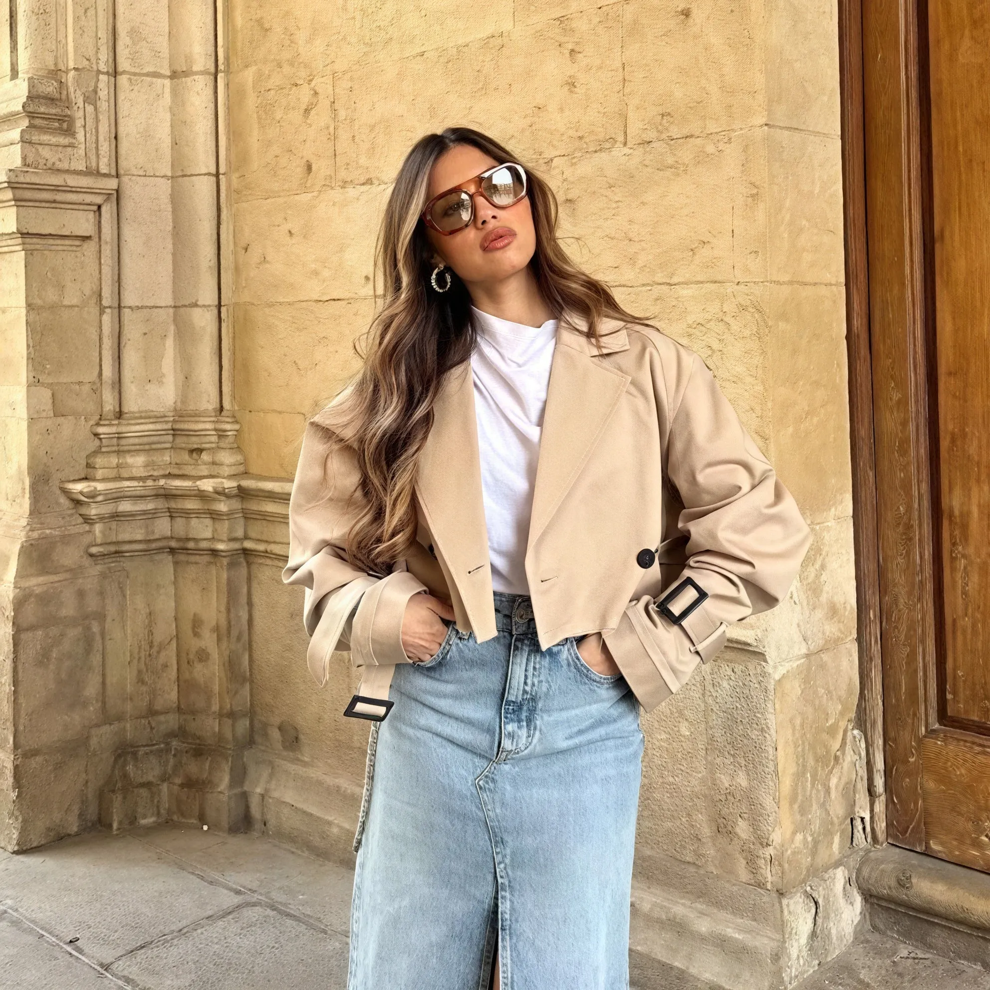 Cropped Trench Coat with Belted Waist
