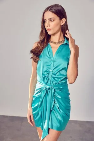 DANIELLA SHORT SLEEVE FRONT TIE SATIN MINI DRESS