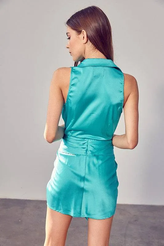 DANIELLA SHORT SLEEVE FRONT TIE SATIN MINI DRESS