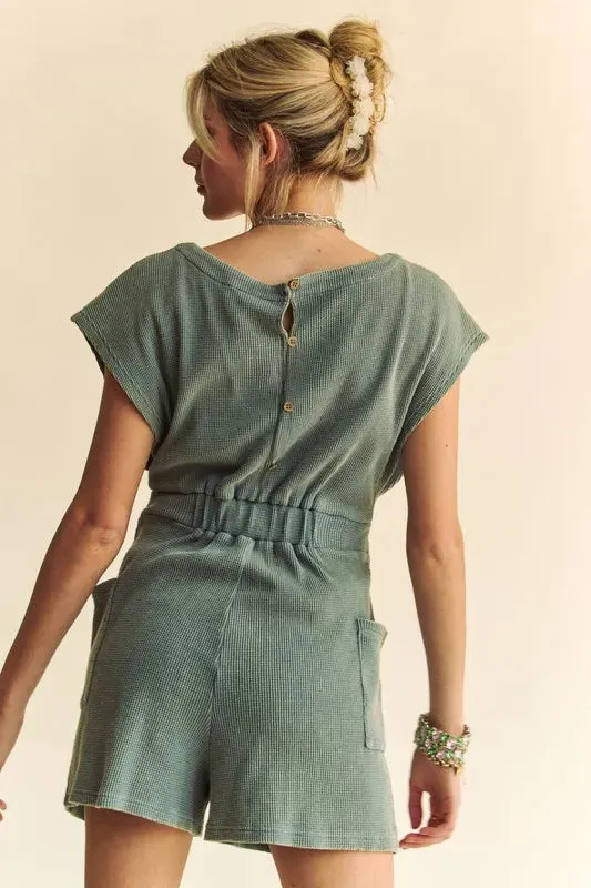 Davi & Dani Acid-Washed Waffle Knit Cuffed Sleeves Romper