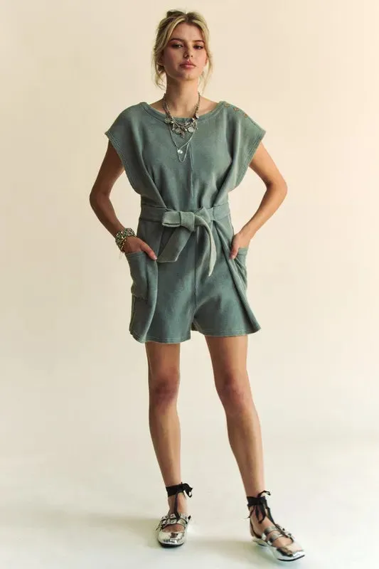 Davi & Dani Acid-Washed Waffle Knit Cuffed Sleeves Romper