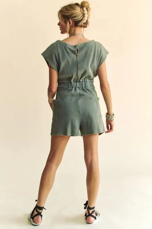 Davi & Dani Acid-Washed Waffle Knit Cuffed Sleeves Romper