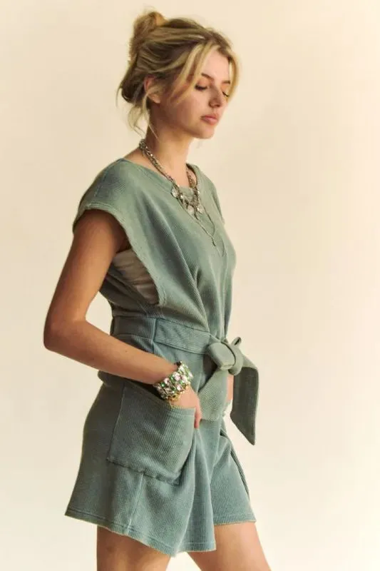 Davi & Dani Acid-Washed Waffle Knit Cuffed Sleeves Romper