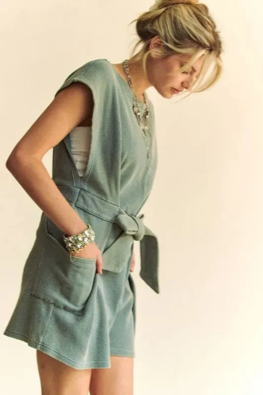 Davi & Dani Acid-Washed Waffle Knit Cuffed Sleeves Romper