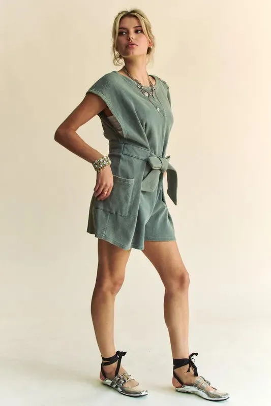 Davi & Dani Acid-Washed Waffle Knit Cuffed Sleeves Romper