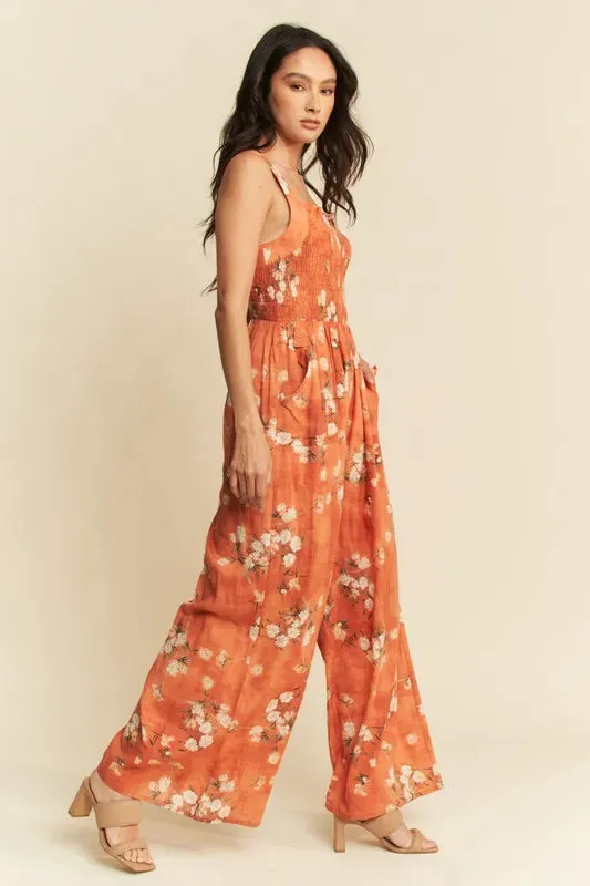 Davi & Dani Floral Ruffle Square Neck Smocking Bodice Jumpsuit