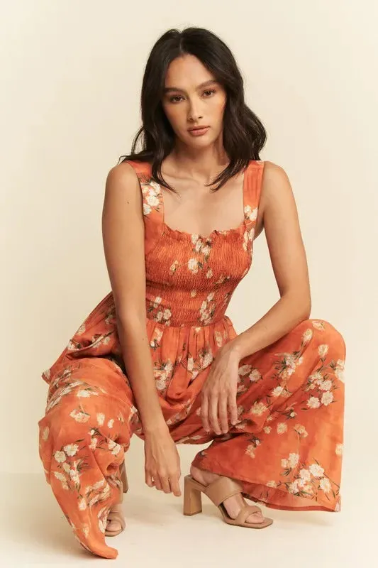 Davi & Dani Floral Ruffle Square Neck Smocking Bodice Jumpsuit