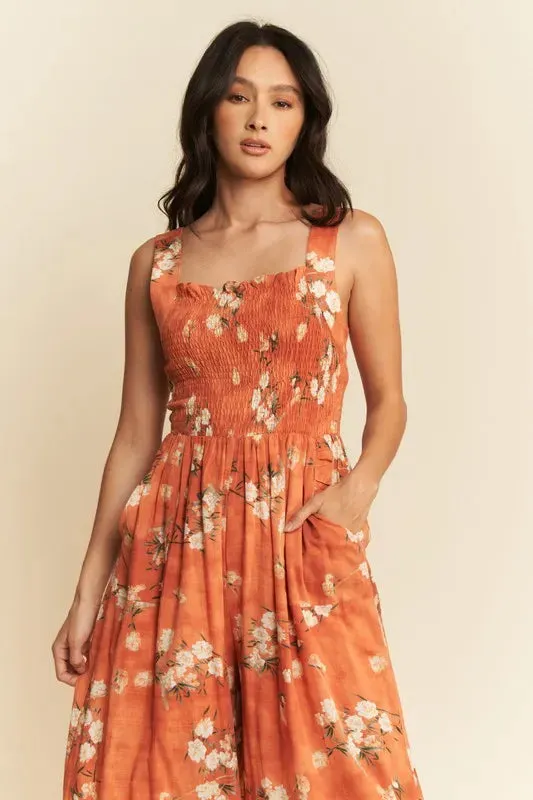 Davi & Dani Floral Ruffle Square Neck Smocking Bodice Jumpsuit