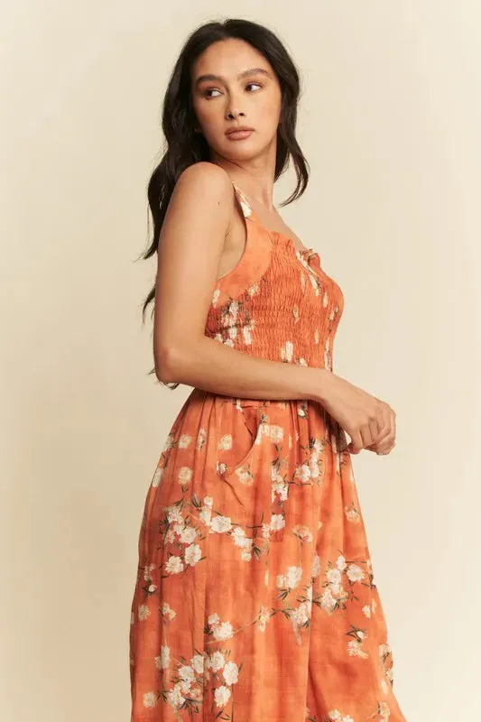 Davi & Dani Floral Ruffle Square Neck Smocking Bodice Jumpsuit