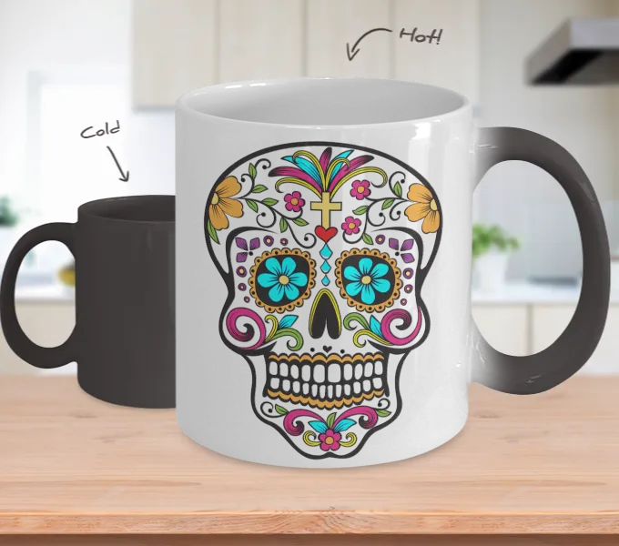 Day of the Dead Mug - Sugar Skull Magical Color Changing Mug - Mexican Folk Art - Dia De Los Muertos Coffee Cup
