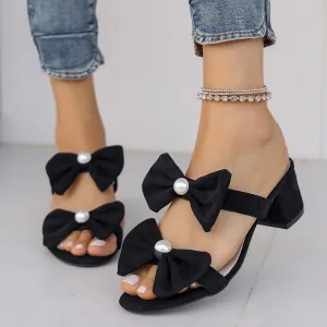 Double Bow Open Toe Block Heel Sandals