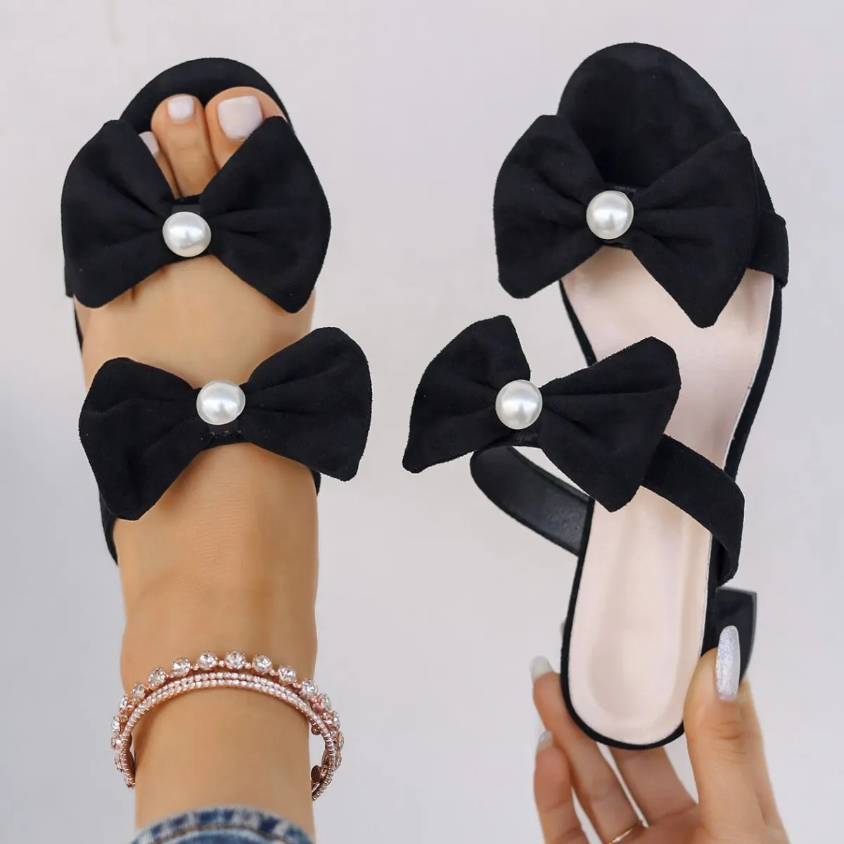 Double Bow Open Toe Block Heel Sandals