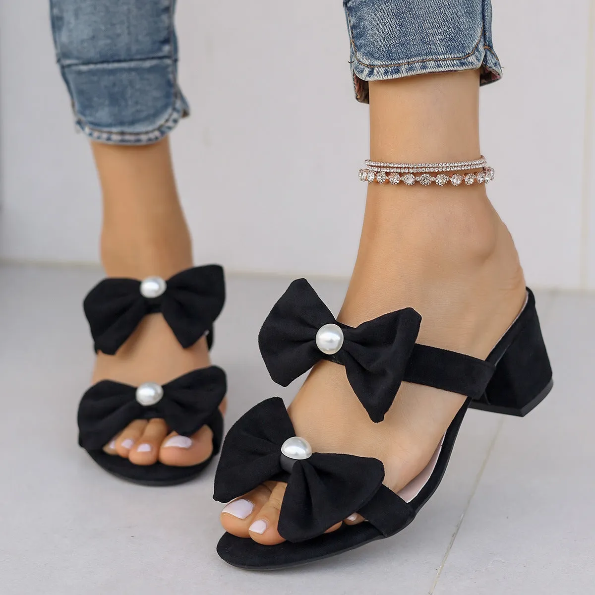 Double Bow Open Toe Block Heel Sandals