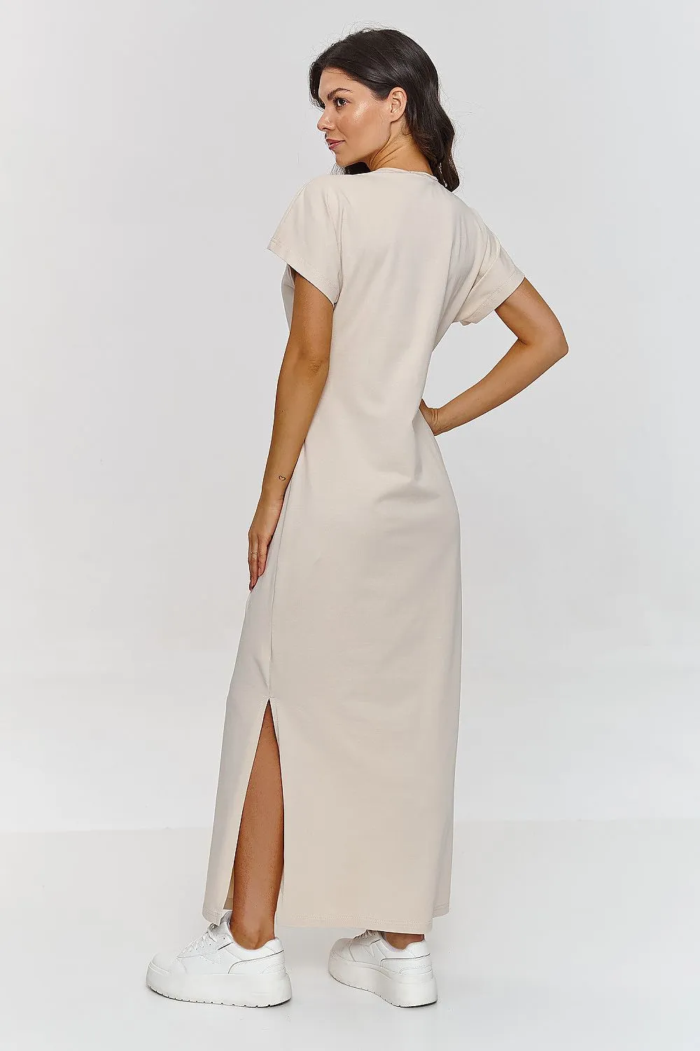 Elegant Cotton Maxi Day Dress with Side Slit