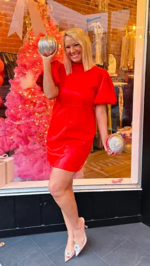 Final Sale Puff-Sleeve Red Leather Dress