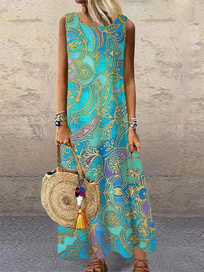 Flower Pattern Printed Round Neck Long Dress
