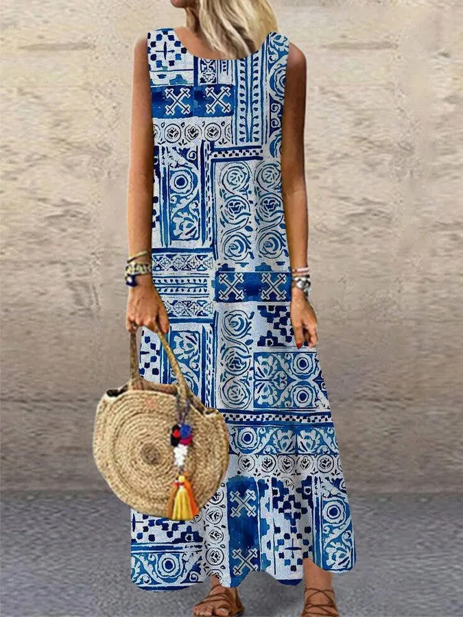 Flower Pattern Printed Round Neck Long Dress