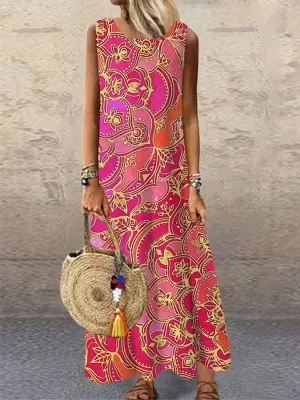 Flower Pattern Printed Round Neck Long Dress