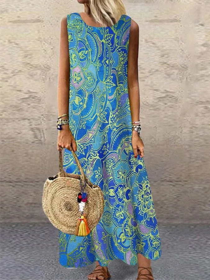Flower Pattern Printed Round Neck Long Dress