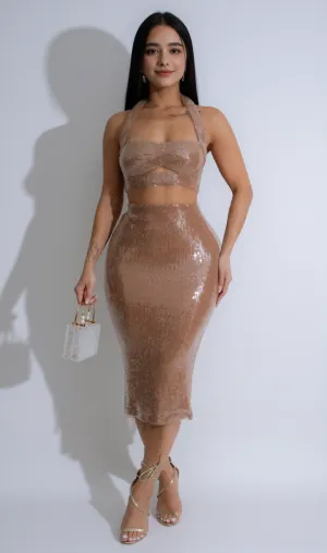 Glimmer Nights Sequin Skirt Set Nude