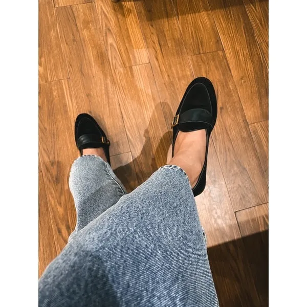 JULIETTA - Buckle Belgian Loafer Suede : Black (Unlined)
