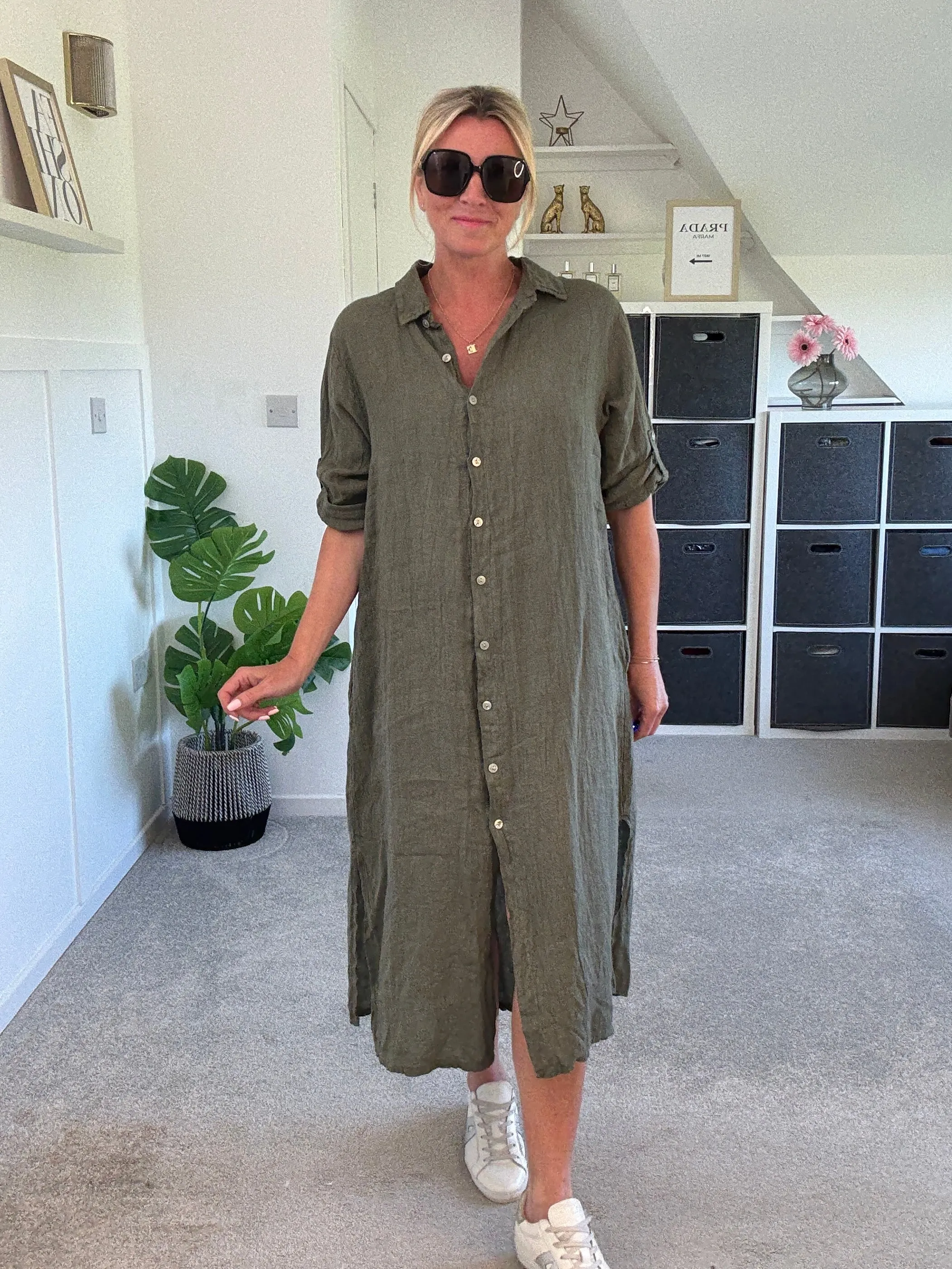 Khaki Linen Pocket Shirt Dress